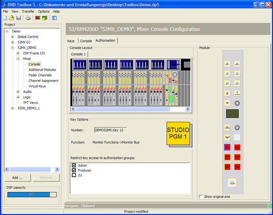 Console, Authorisation. Assigning keys to authorisation groups.