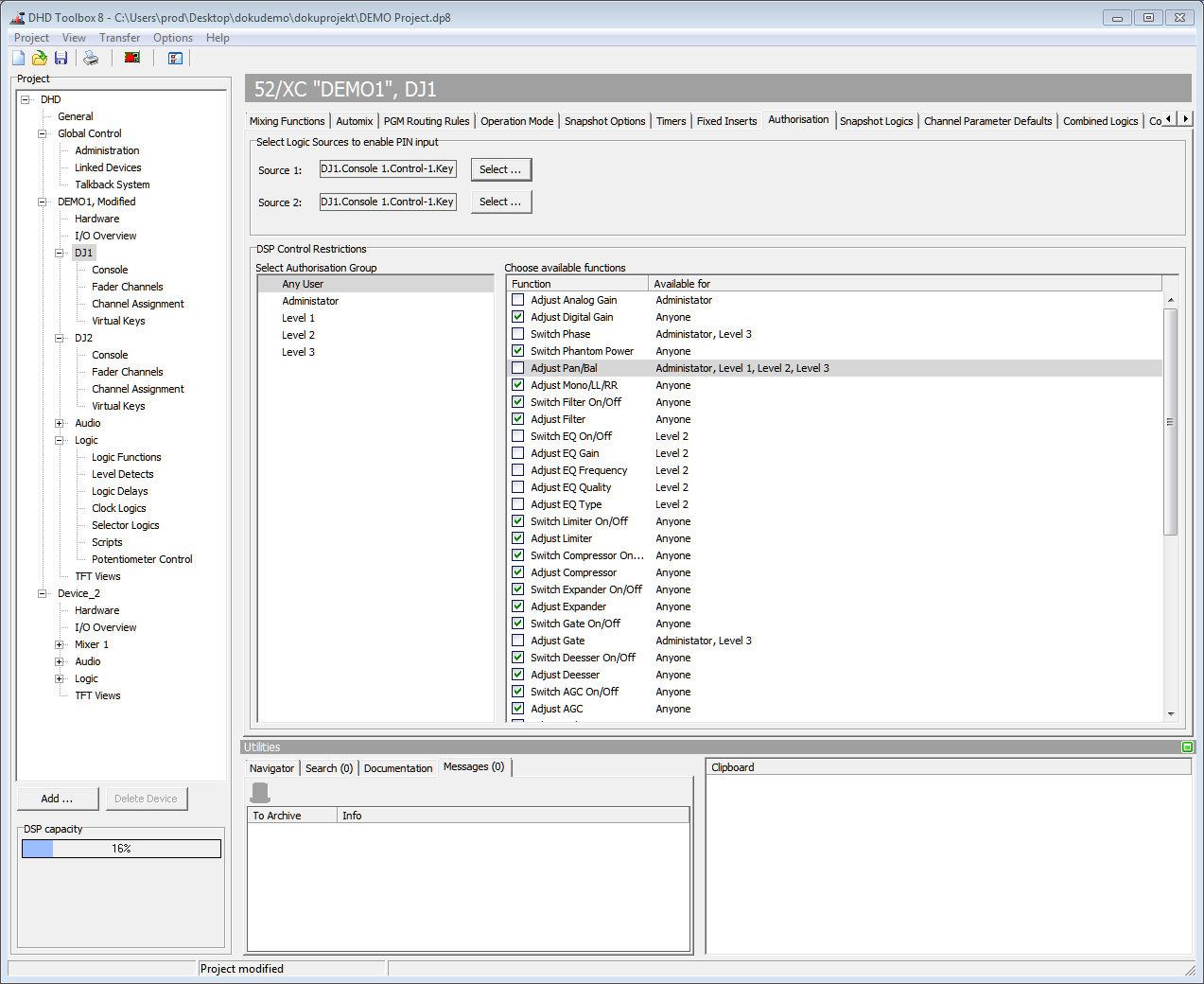 Authorisation: setting up logic sources for PIN input.