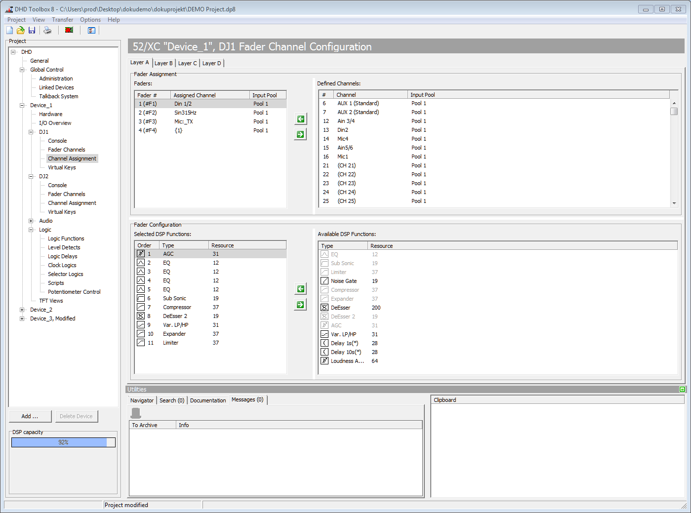 Channel Assignment, assigning fader channels to faders, defining input processing.