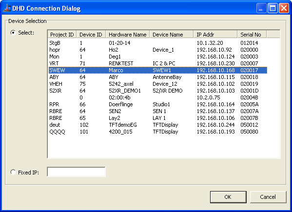 DHD Connection Dialog window for connections with the device.