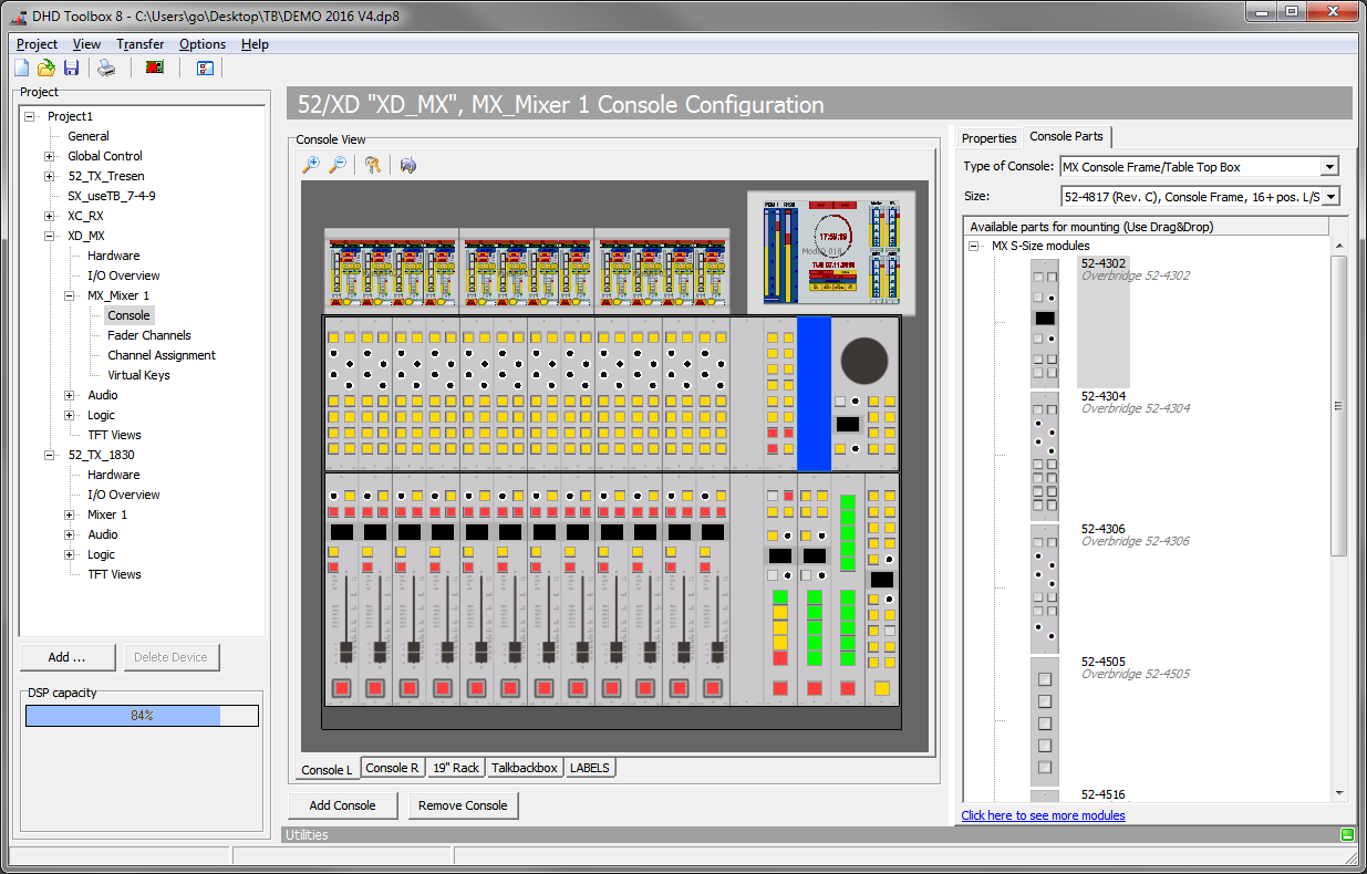 <Mixer> - Console page with Console Parts tab