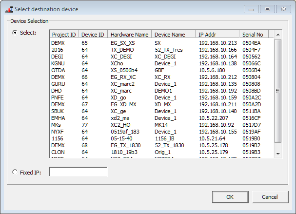 Window for device selection.