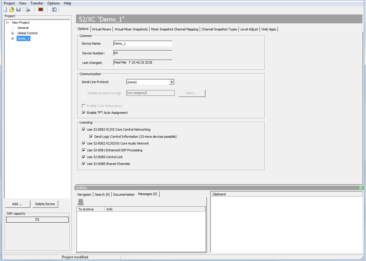 Device Options, general options for a 52/XC device.