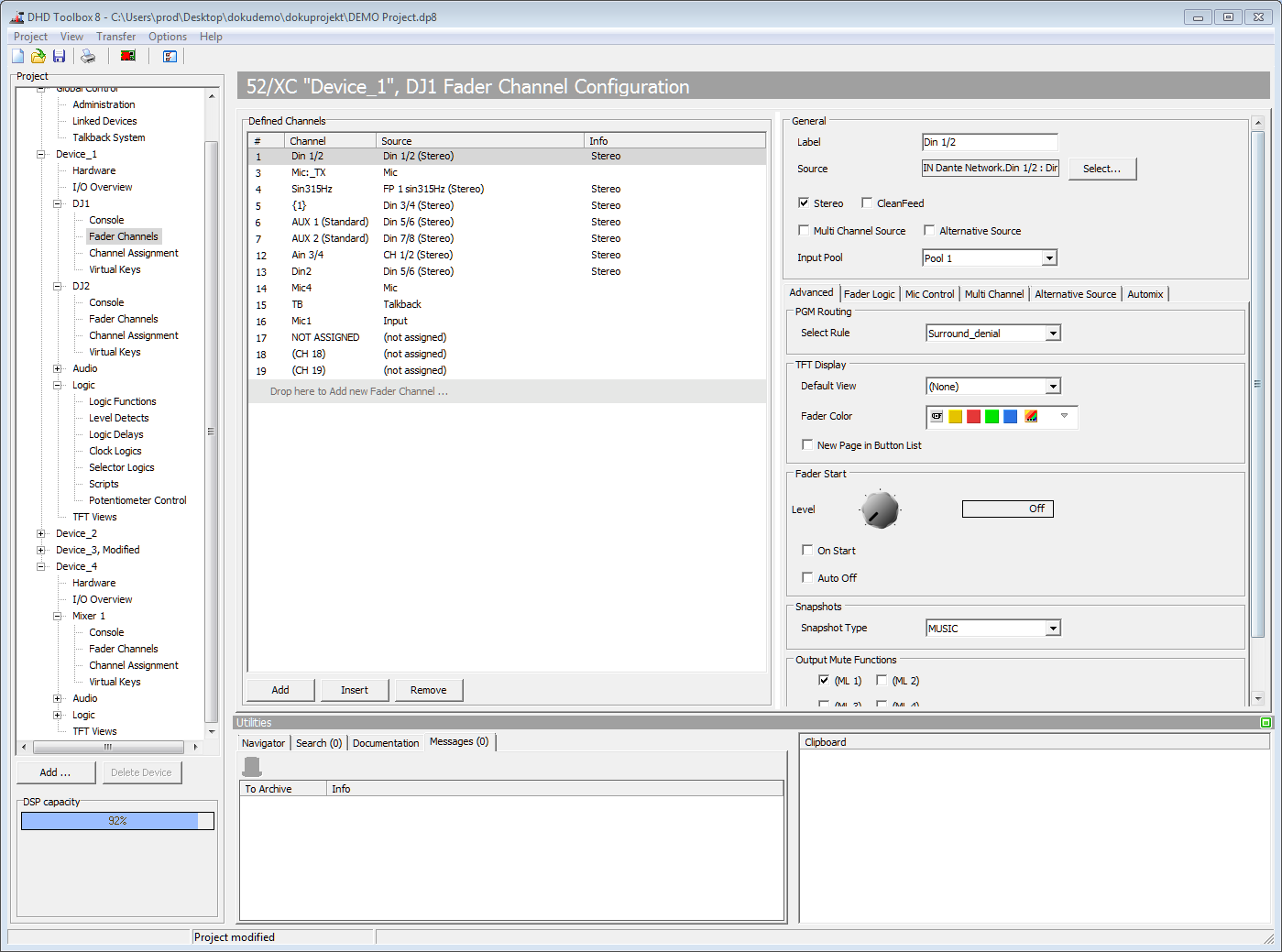 Fader channels, configuring signal sources.