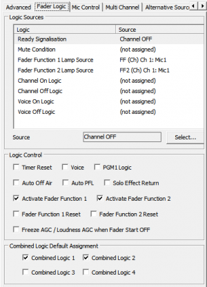 Fader Channel - Fader Logic tab; Combined Logic Default Assignment
