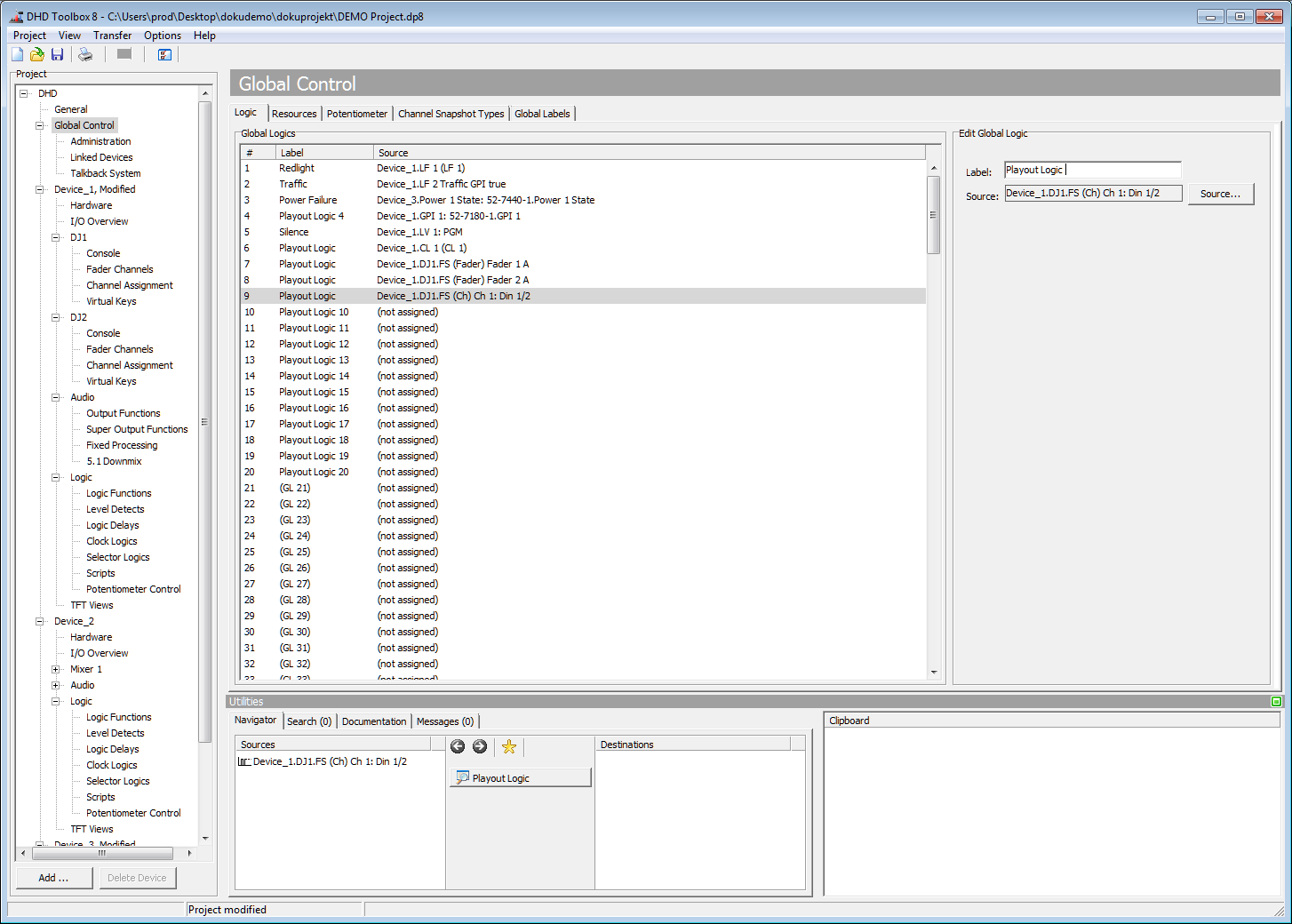 Global logics, configuration of the global logic functions.
