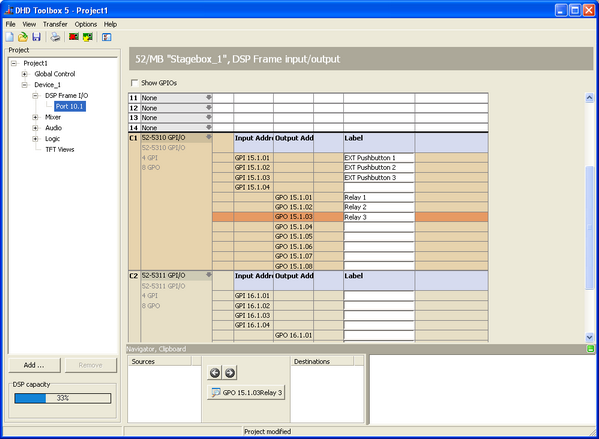 DSP Frame I/O; inserting GPIO modules and labeling GPIs and GPOs.