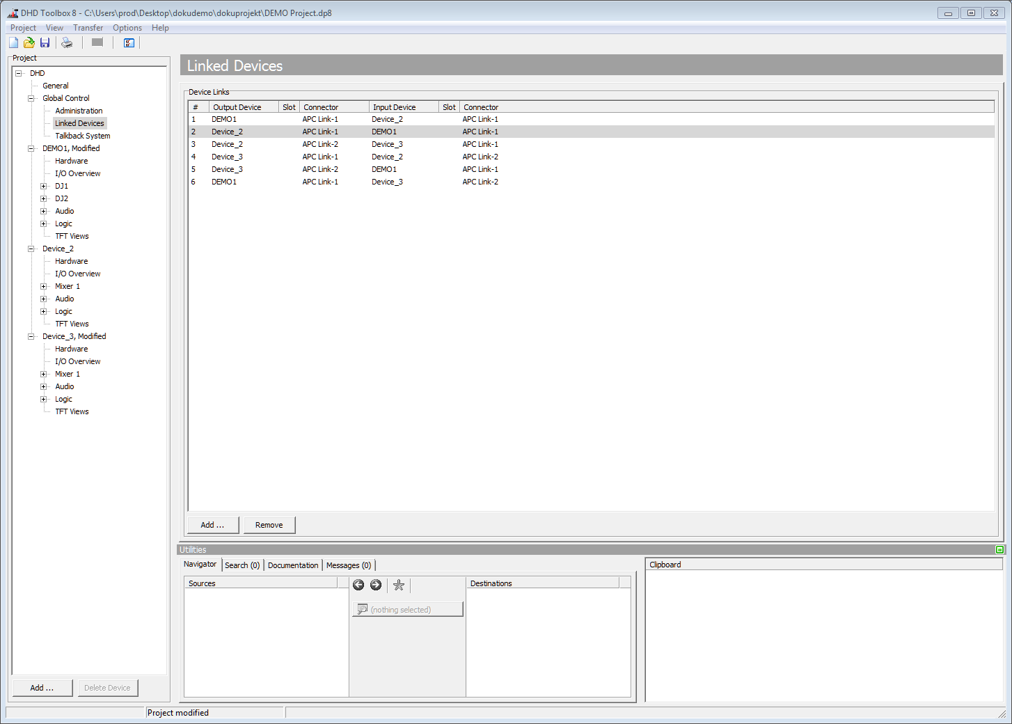 Configuration of three bidirectional device links between APC ports.