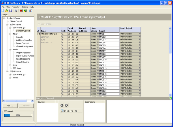 DSP Frame I/O, configuration of a DSP module RM420-848M with MADI sub module.