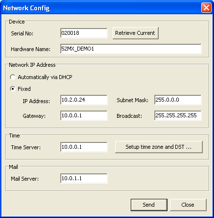 The "Network Config" window shows the current IP configuration of the connected device.