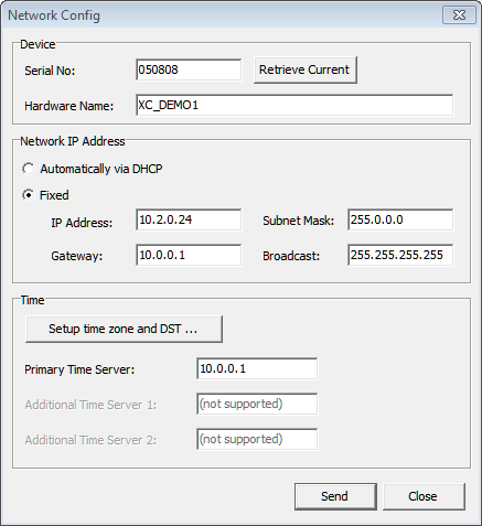 The “Network Config” window shows the current IP configuration of the connected device.