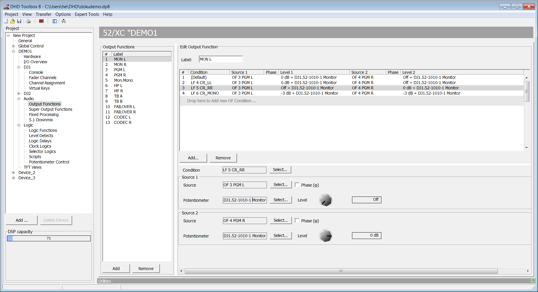 Output functions, selecting audio sources.