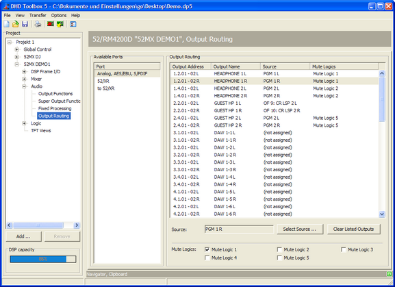 Output Routing, assigning audio sources to the outputs.