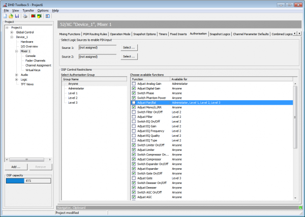 Authorisation: setting up logic sources for PIN input and access rights