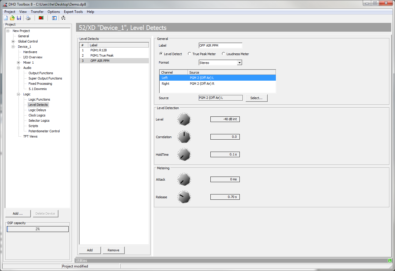 Level Detects Page, Configuring a new Peak Programme Metering