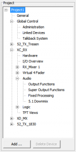 Project area with nodes for general settings and device specific settings