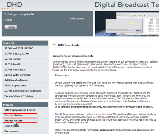DHD Update website - Links to the Current Orders area and to the Project History area