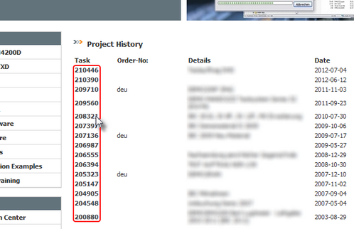 The Project History area shows an overview of the orders