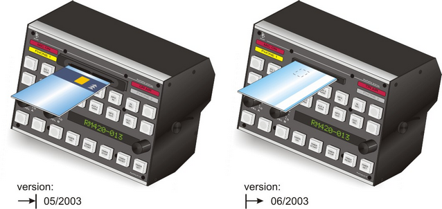 Two versions of card readers: Left: with electromagnetic eject (card with chip upwards); Right: removing card manually (chip downwards).