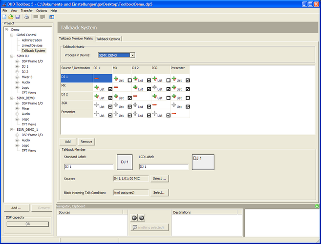 Talkback Member Matrix, creating, connecting and deleting sources and destinations