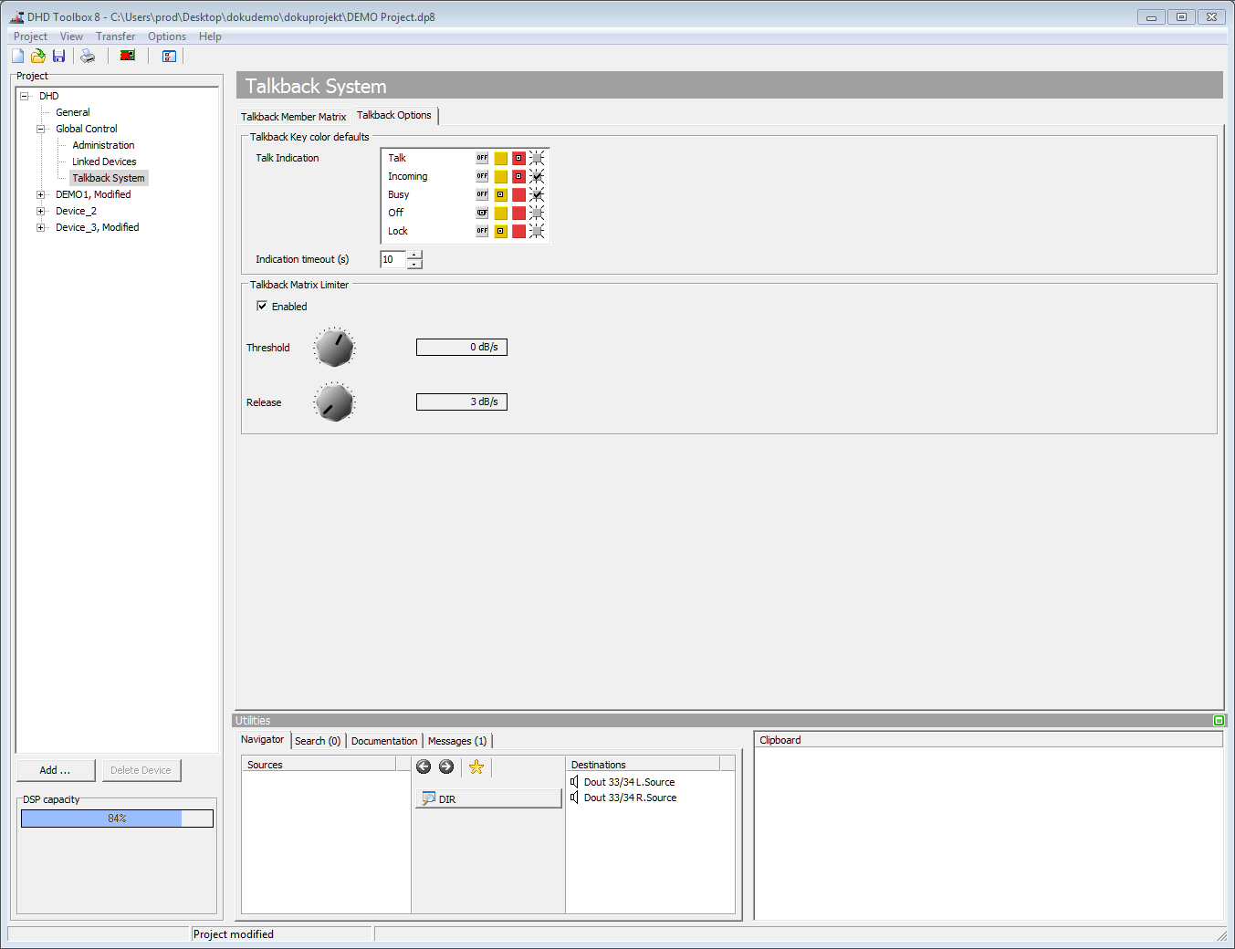 Talkback Options, general options of the talkback matrix.