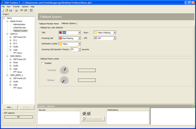 Talkback Options, general options of the talkback matrix