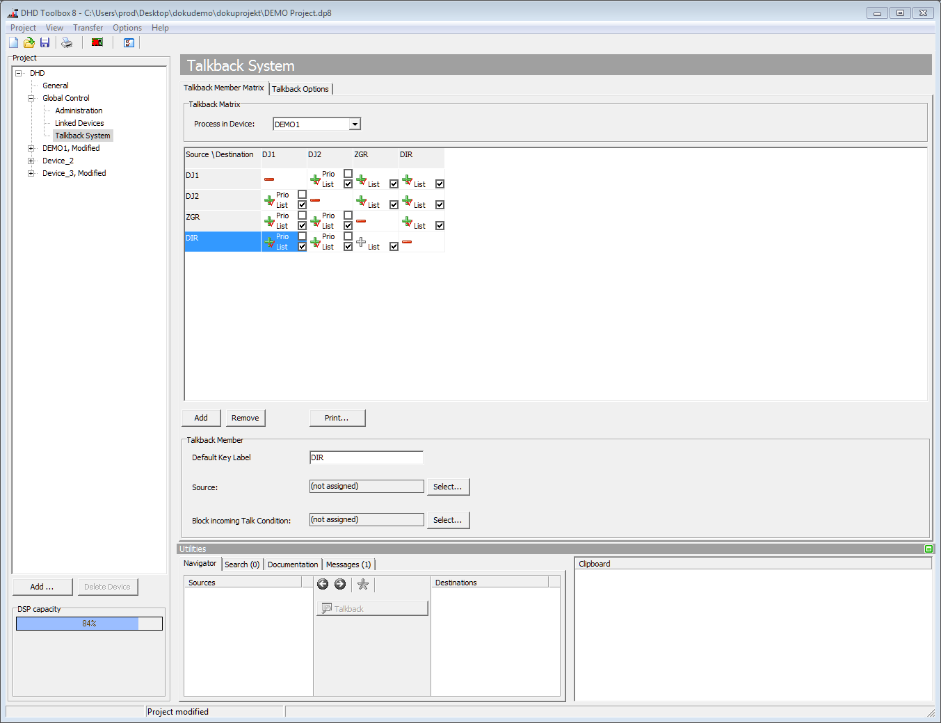 Talkback Member Matrix, creating, connecting and deleting sources and destinations.