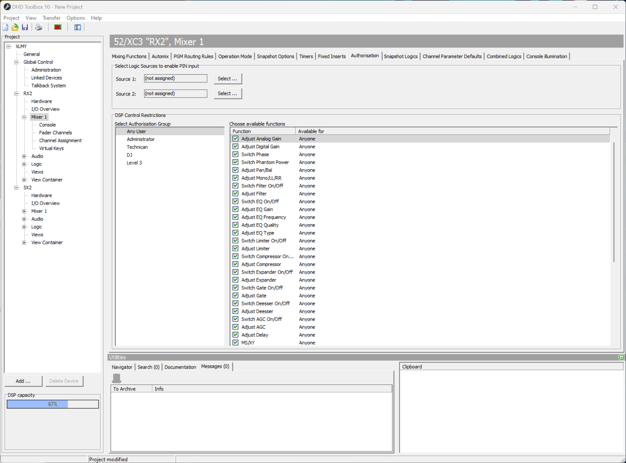 Authorization: setting up logic sources for PIN input.