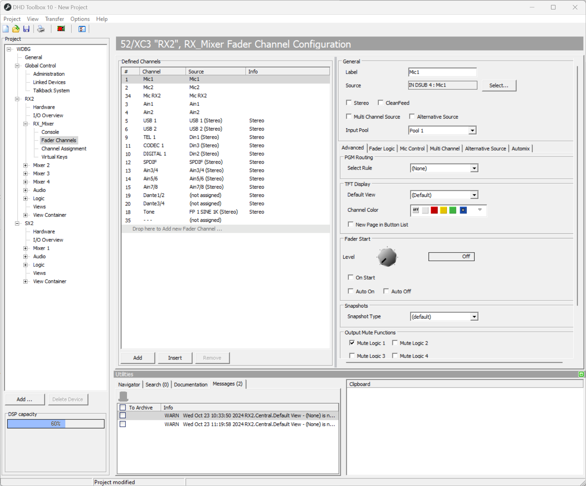 Fader channels, configuring signal sources.