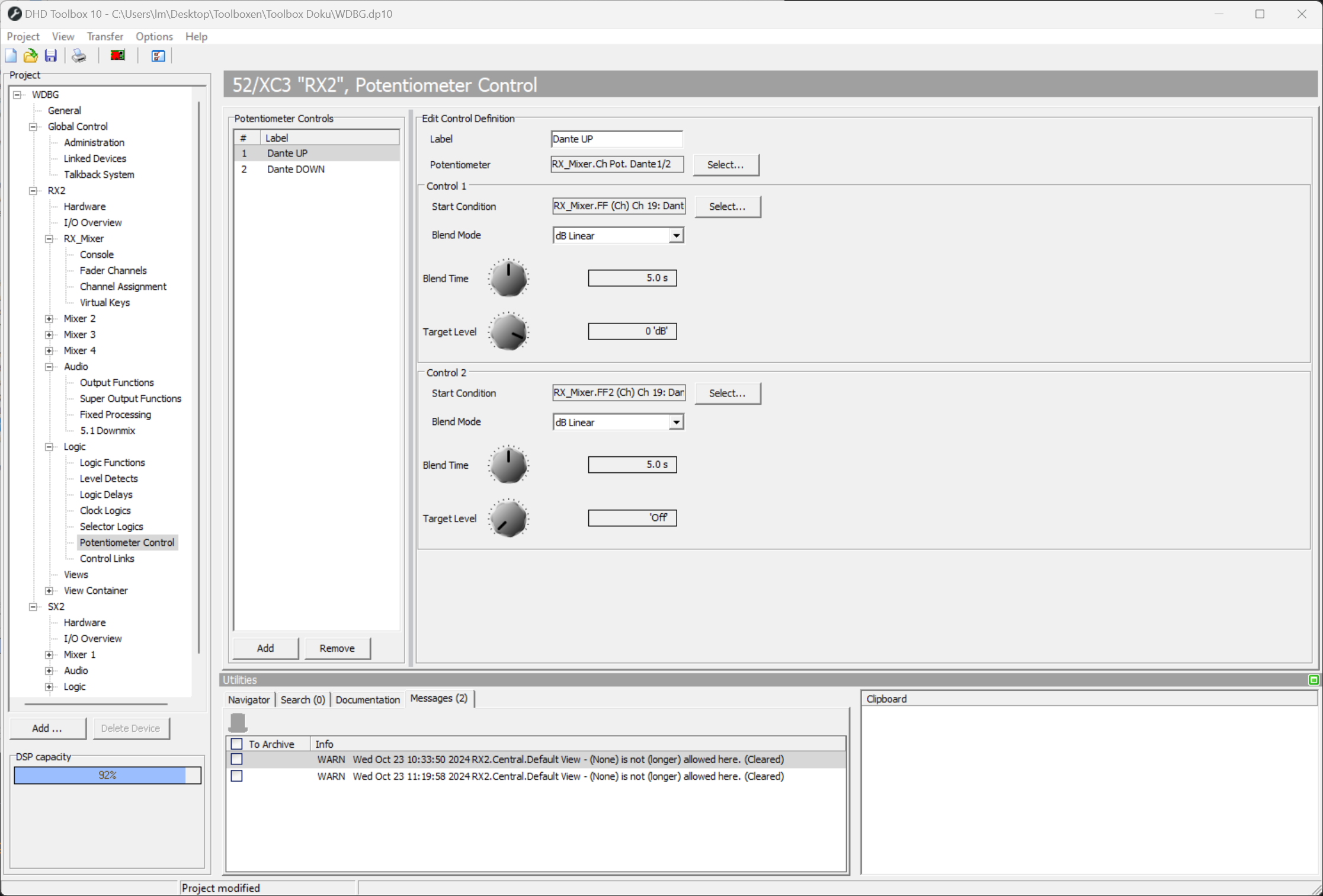 Potentiometer Control settings page