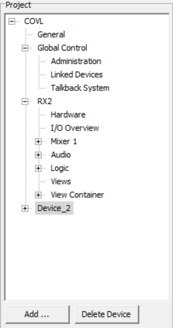 Project area with nodes for general settings and device specific settings