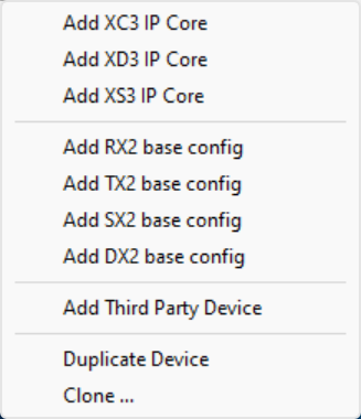 Context menu of the project area