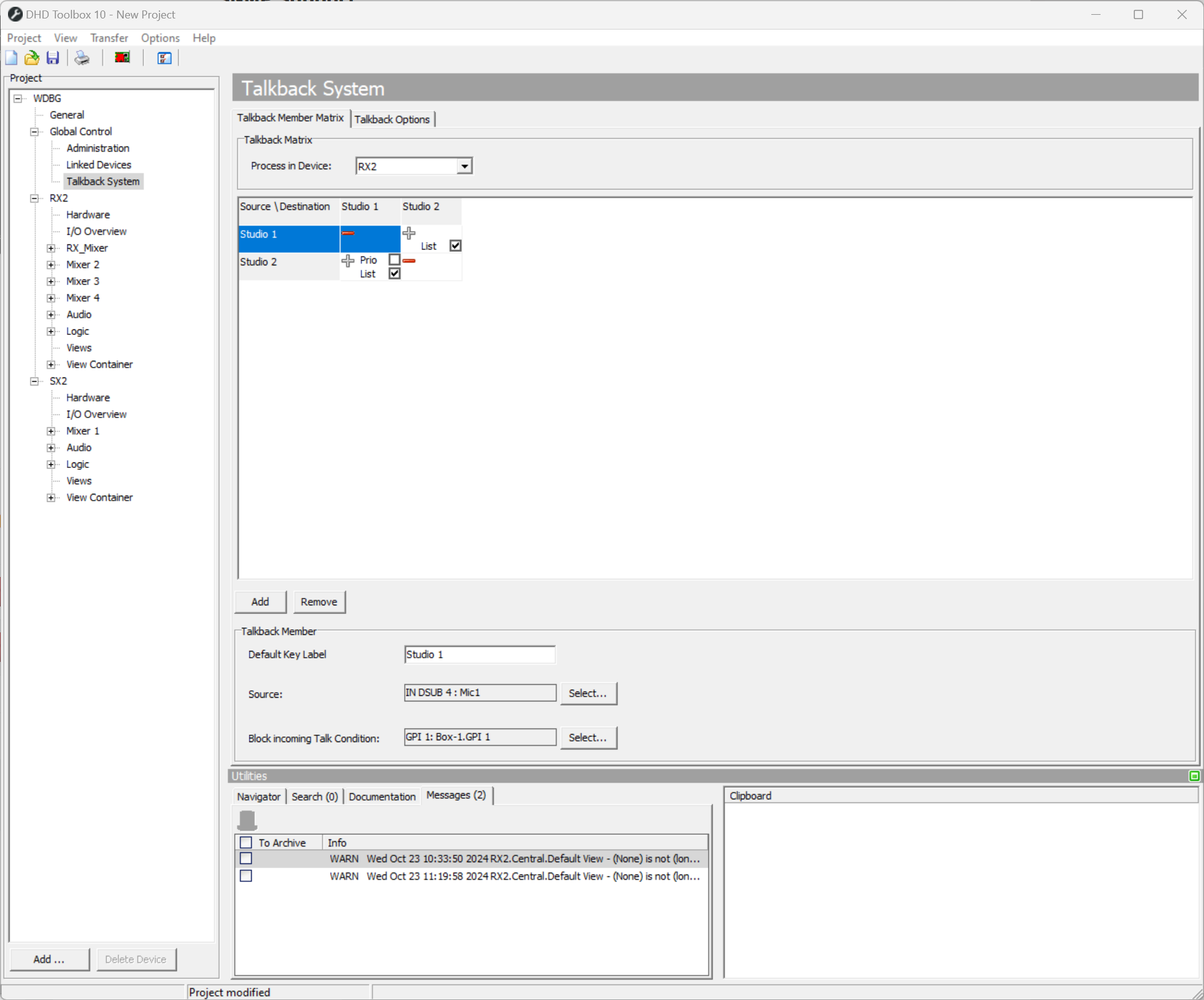 Talkback Member Matrix, creating, connecting and deleting sources and destinations.