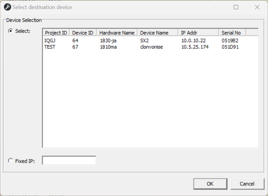 Window for device selection.