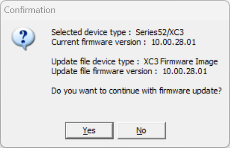 Version number of the devices firmware; Confirmation window before firmware update will be performed.