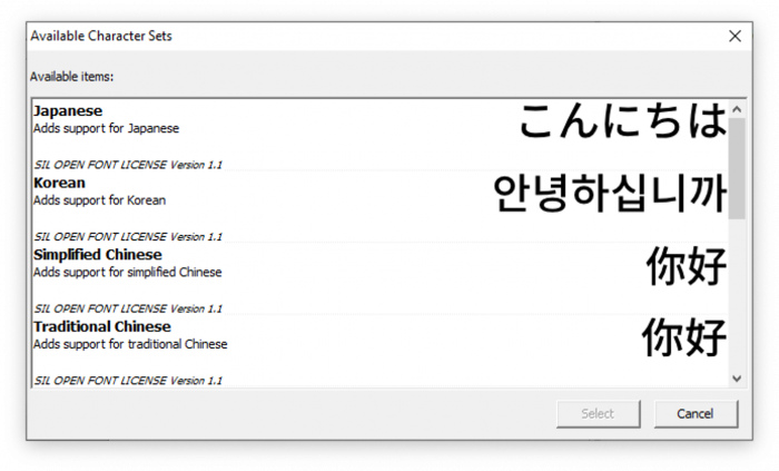 Additional character set selection