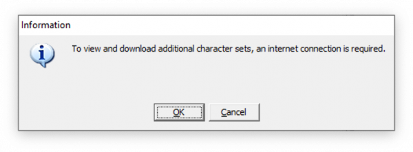 Internet connection request. Confirm with Yes to download the list of additional character sets.