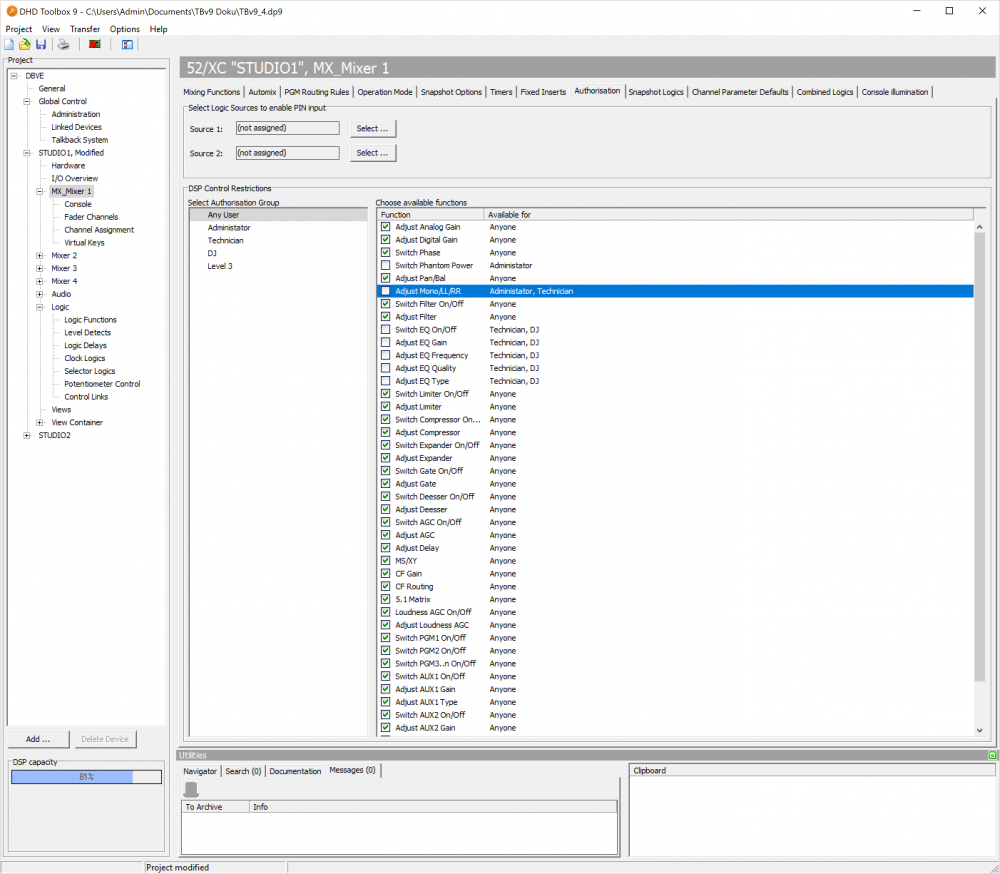 Authorization: setting up logic sources for PIN input.