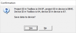 Confirmation window if the project IDs in the TB9 software and the device are not identical when uploading a configuration.