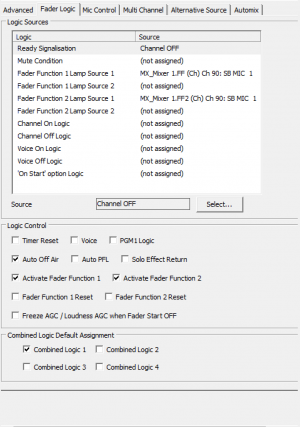 Fader Channel - Fader Logic tab; Combined Logic Default Assignment