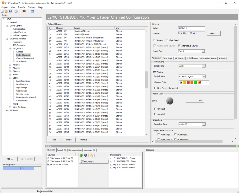 Fader channels, configuring signal sources.