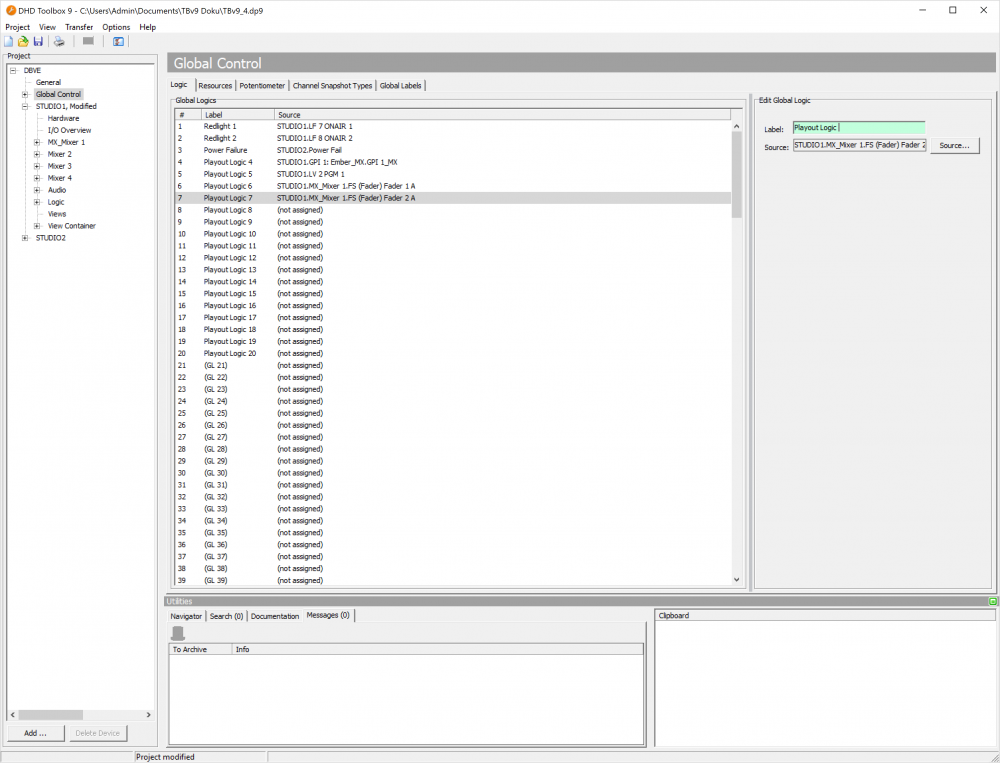 Global logics, configuration of the global logic functions.