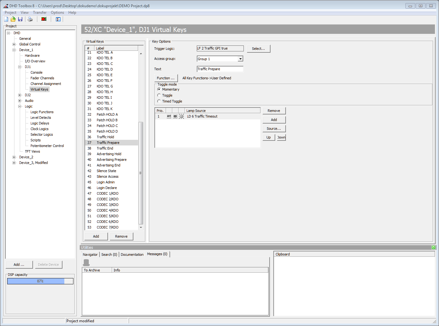 Setting up virtual keys.